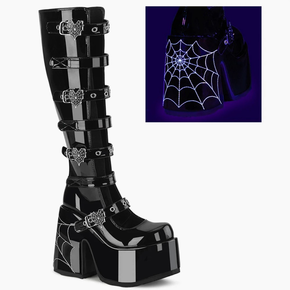 Demonia Camel 223 - Size 8 - PVC - Black light reactive - Spiderweb detail - NWT